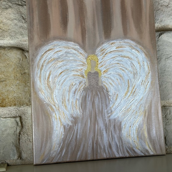 12x16 Hand painted mixed media Angel painting on canvas neutrals gold metallic - Picture 4 of 17